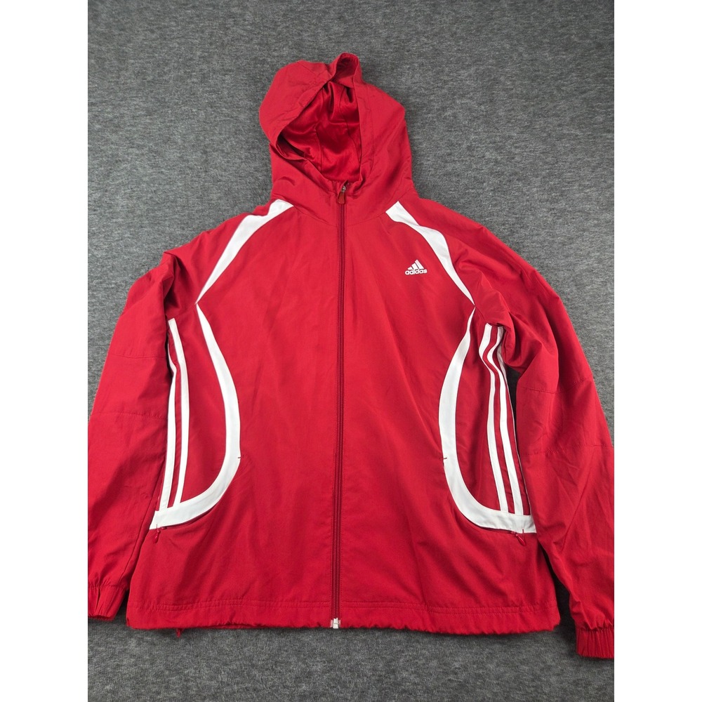 Adidas Windbreaker Women L Red ClimaProof Hooded Full Zip Jacket 3-Stripe Active